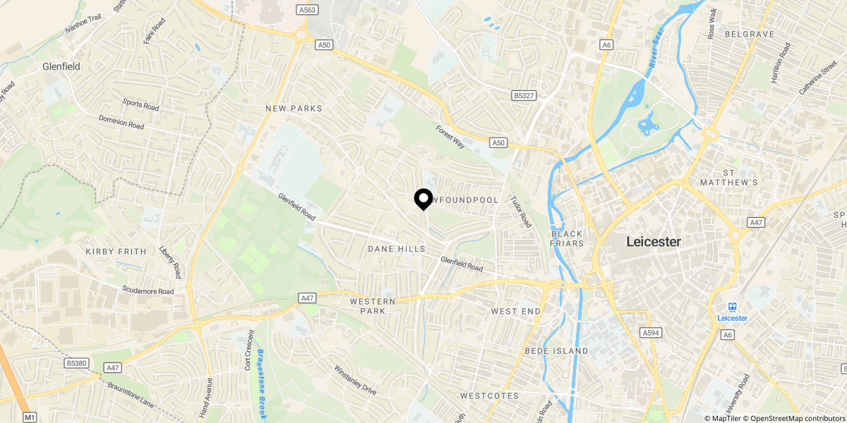 Approximate location of Sandhurst Close, Dane Hills, LE3